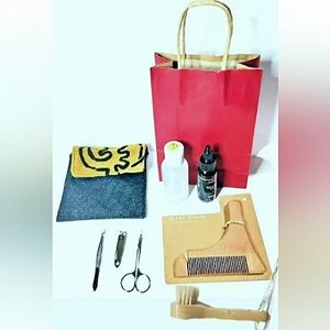 Men 8PC Beard Grooming Gift Set! Comb Brush, Oil, Shampoo, Denim/Mud Cloth Pouch
